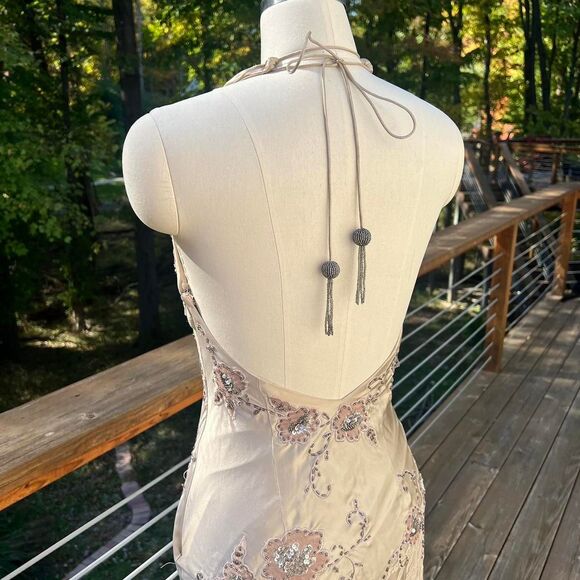 Vintage Cache Beaded Gold & Tan Lace Silk Formal Dress Gown - Picture 4 of 10